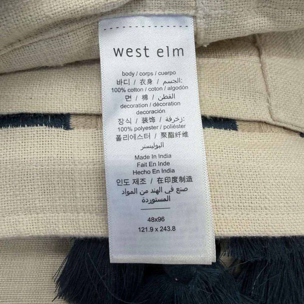 West Elm Linen Curtain Panels with Navy Embroidered Edge and Tassels (Set of 2)